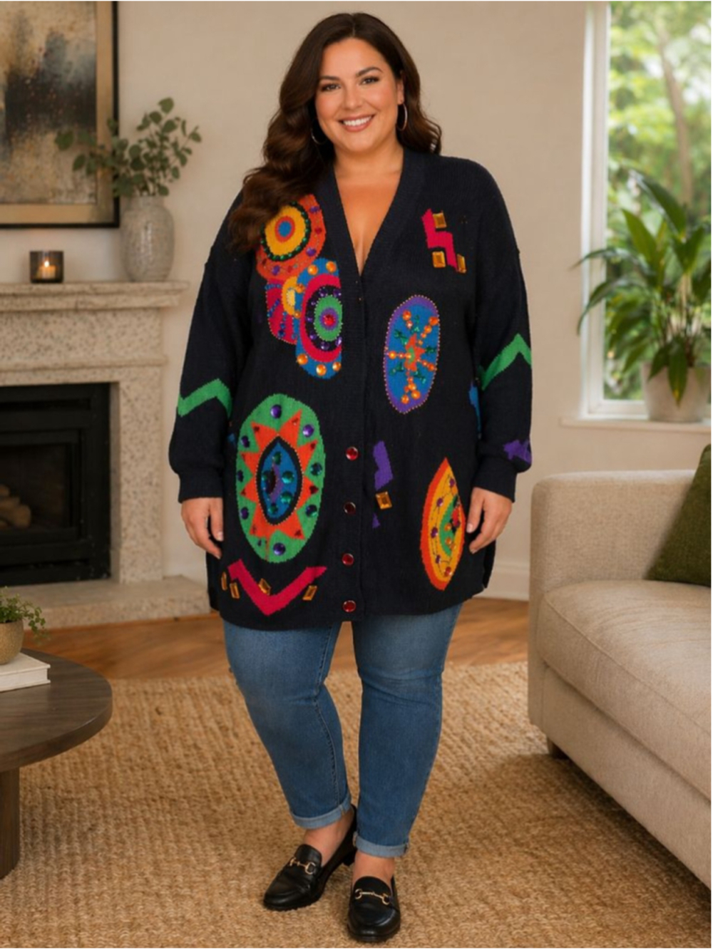 I.B. Diffusion Cardigan Black Multi-color Embellished Women’s Size 3X